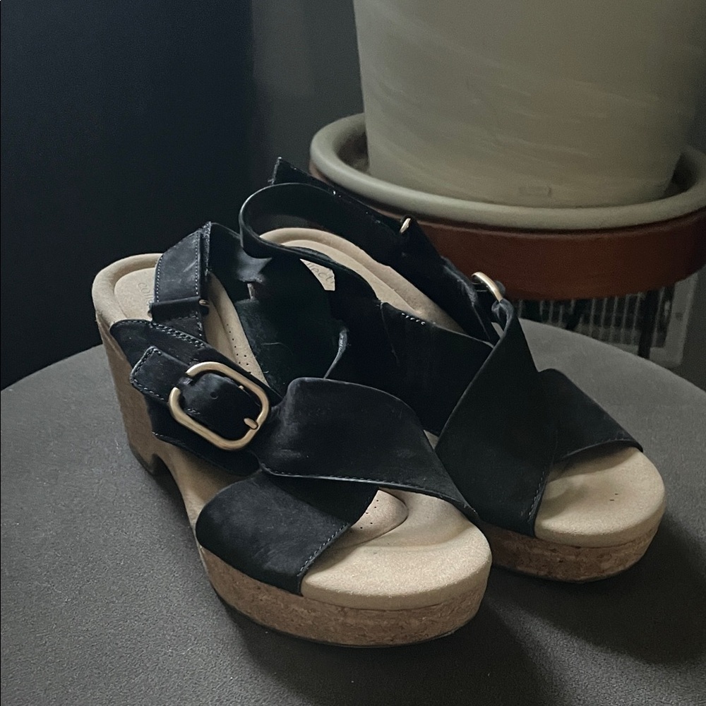 Clarks Giselle Black Women's 9 Wedge Cork Sandal Suede Buckle